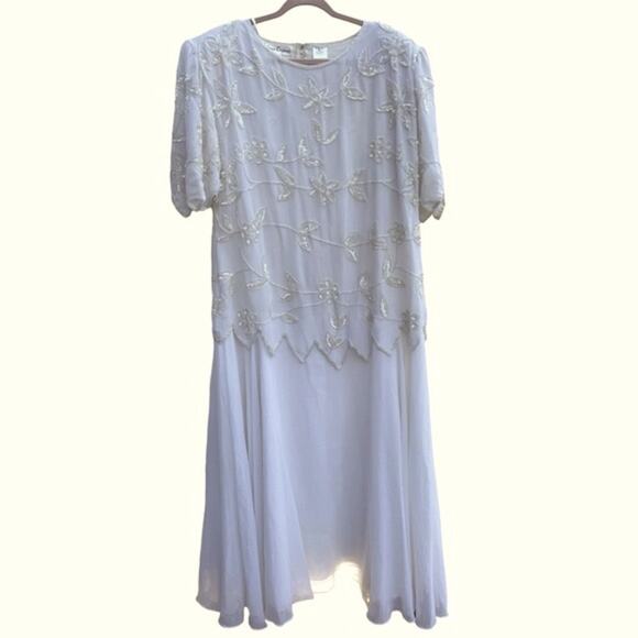 Vtg Floral Beaded Flowy Chiffon Fairy Glam Maxi Cocktail Dress 2X  Feminine - Picture 1 of 9